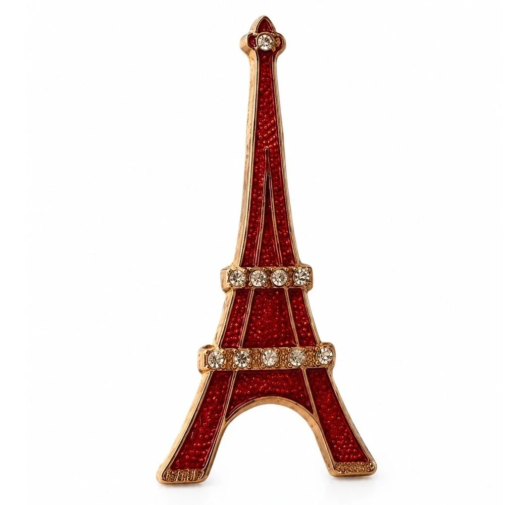 Sap Polyne Paris Eiffel Tower Brooch Red Enamel Rhinestone Gold Tone Made France